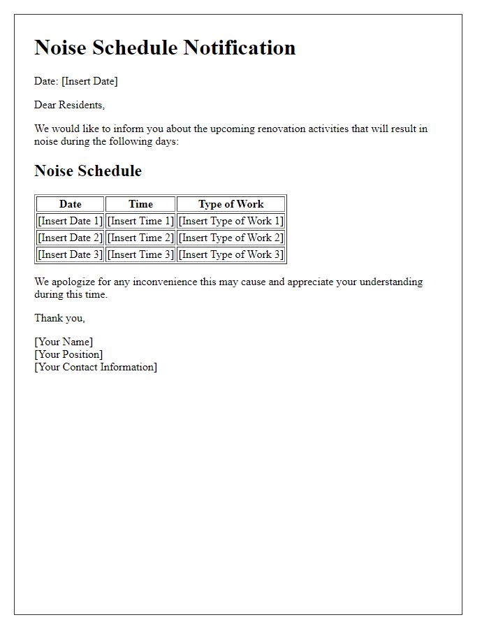 Letter template of daily noise schedule for renovation