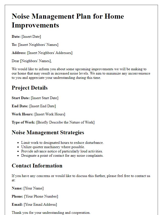 Letter template of noise management plan during home improvements