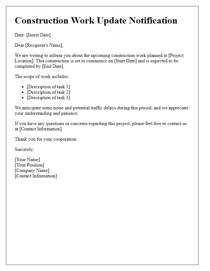 Letter template of planned construction work updates