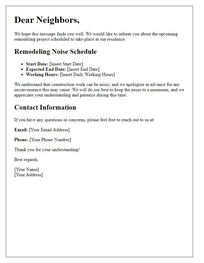 Letter template of remodeling noise schedule for neighbors