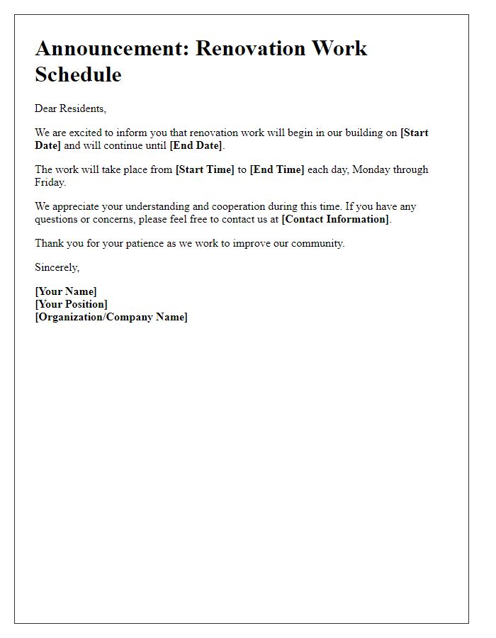 Letter template of renovation work hours announcement