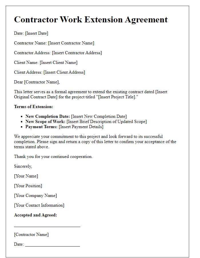 Letter template of contractor work extension agreement.