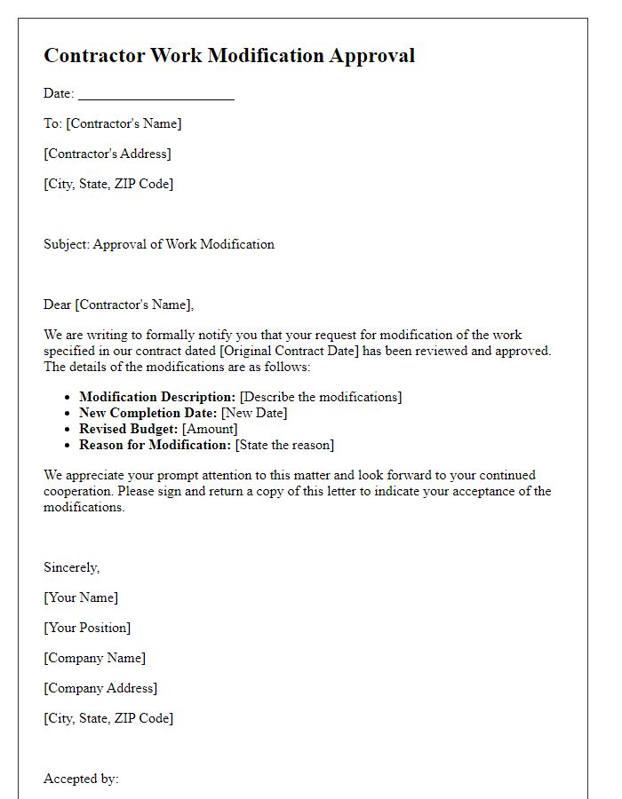 Letter template of contractor work modification approval.