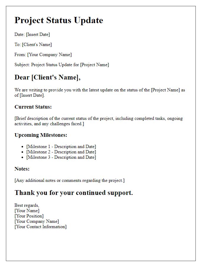 Letter template of contractor work project status update.