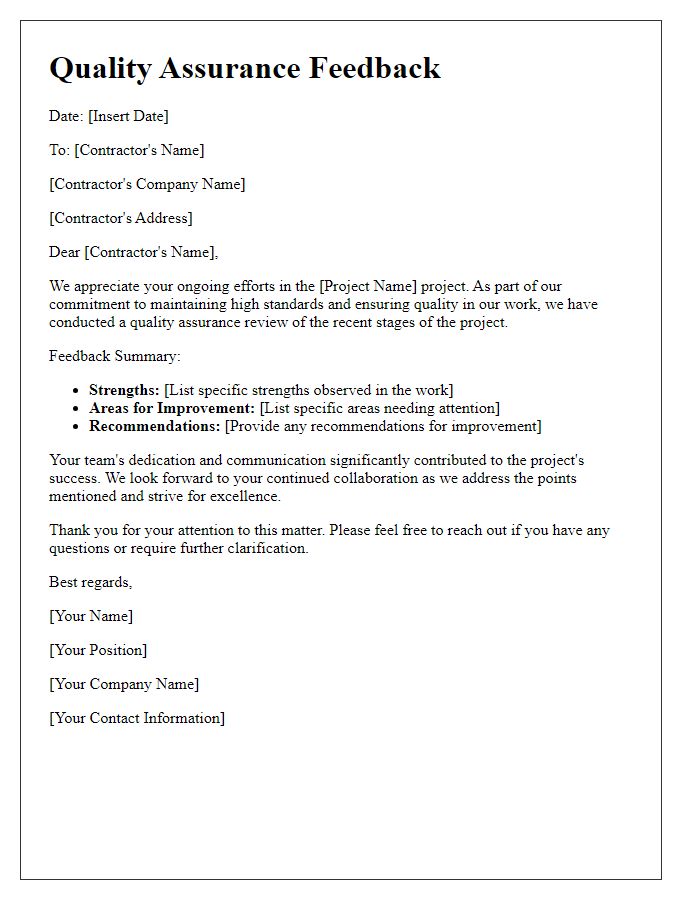 Letter template of contractor work quality assurance feedback.