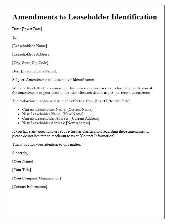 Letter template of Amendments to Leaseholder Identification