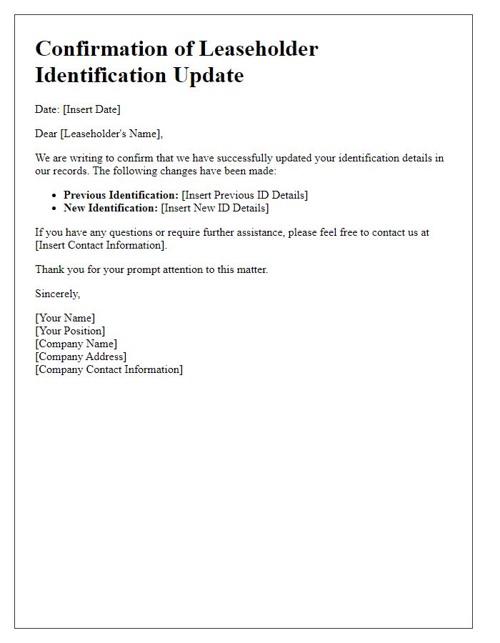 Letter template of Confirmation of Leaseholder Identification Update