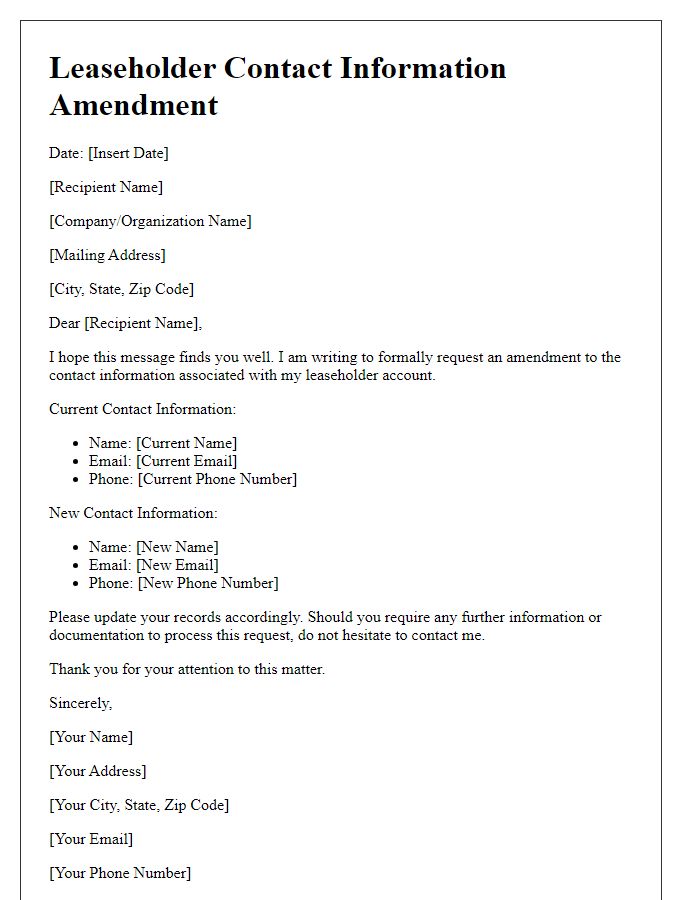 Letter template of Leaseholder Contact Information Amendment