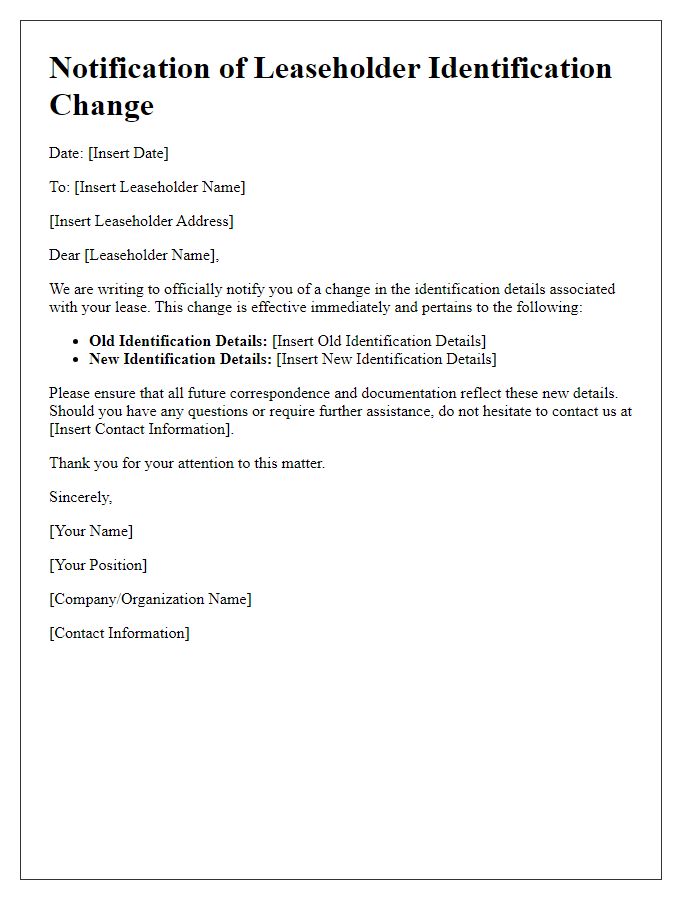 Letter template of Notification for Leaseholder Identification Change