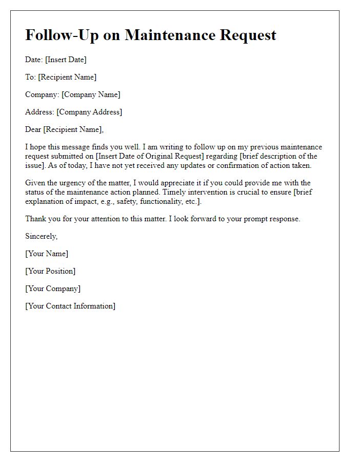 Letter template of follow-up for swift maintenance action