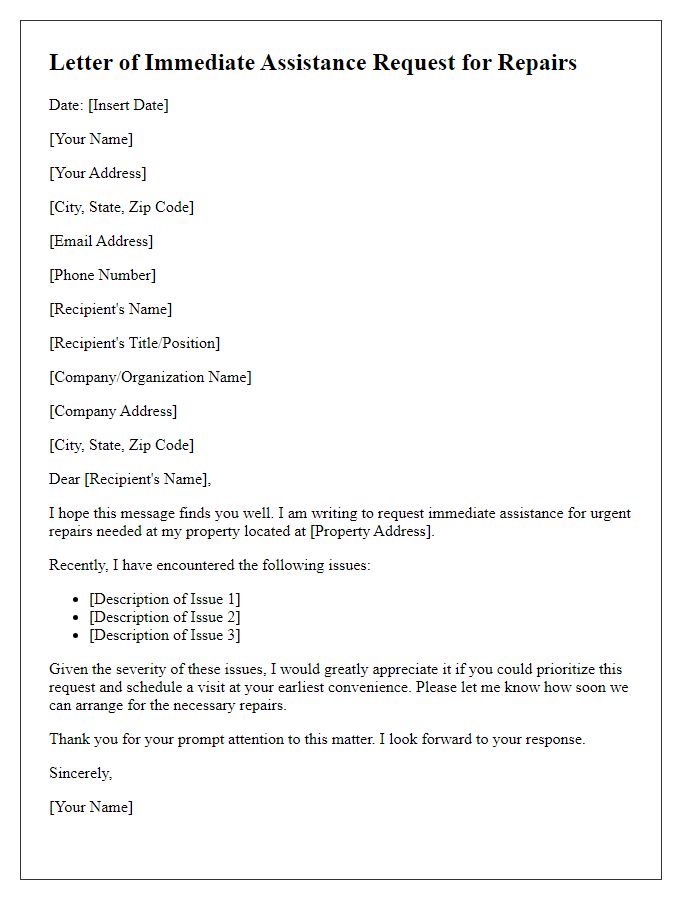 Letter template of immediate assistance needed for repairs