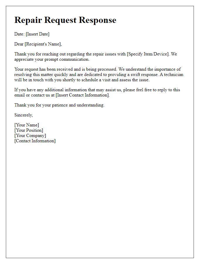 Letter template of quick response request for repair issues