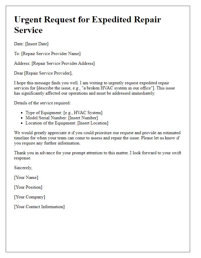 Letter template of urgent request for expedited repair service