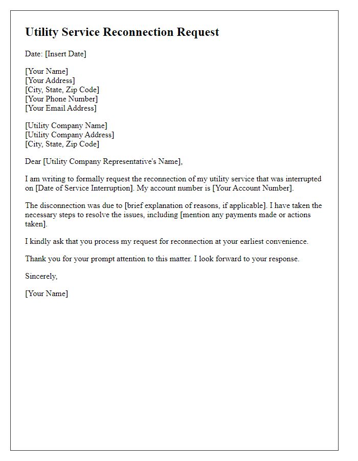 Letter template of utility service reconnection request after service interruption