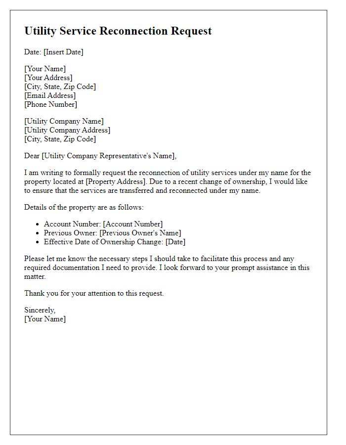 Letter template of utility service reconnection request for a change of ownership