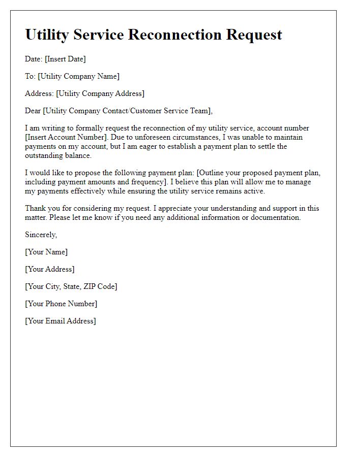 Letter template of utility service reconnection request for payment plan applicants