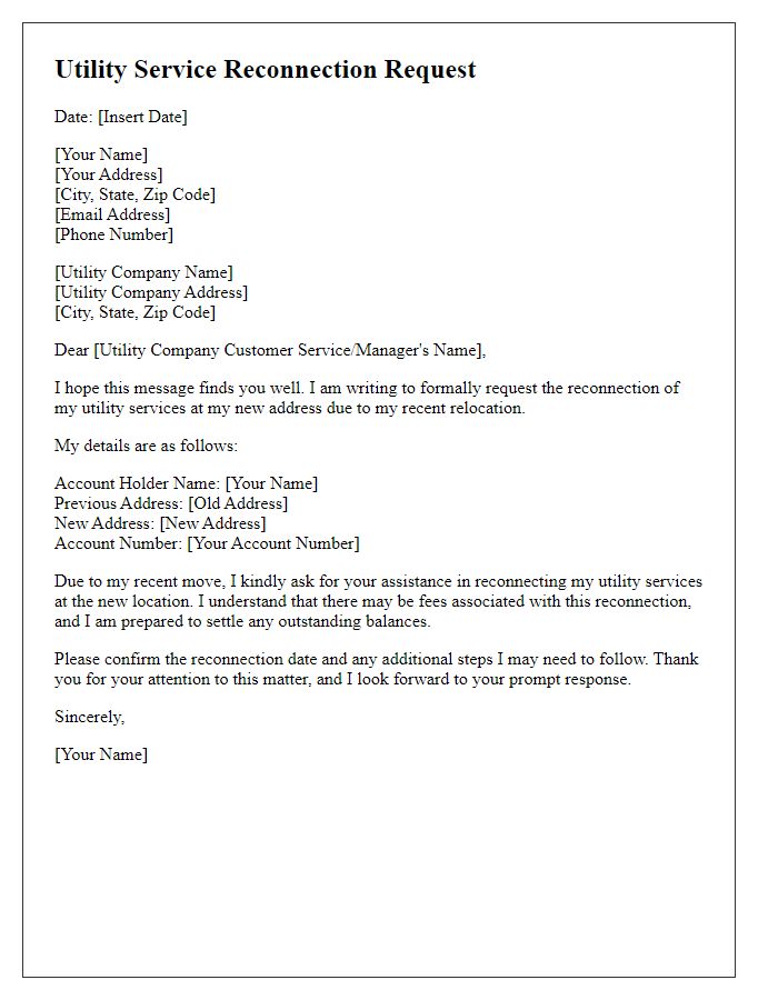 Letter template of utility service reconnection request for relocation