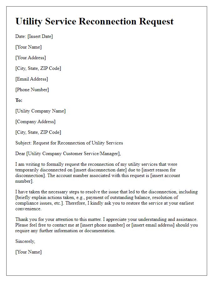 Letter template of utility service reconnection request for temporary disconnection