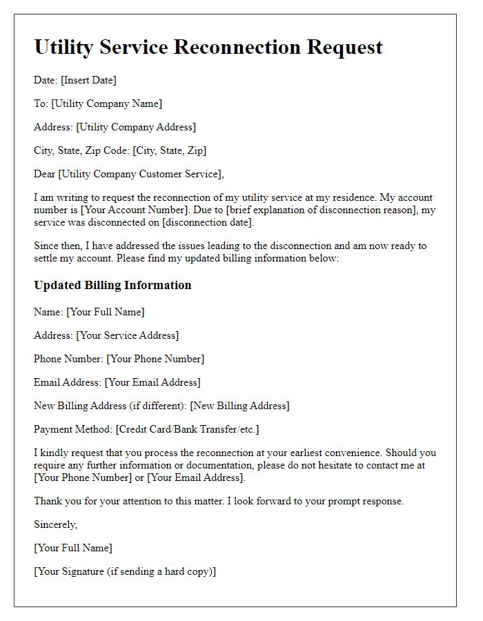 Letter template of utility service reconnection request with updated billing information