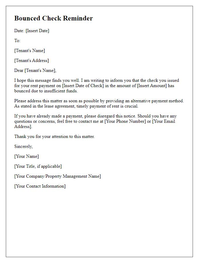 Letter template of bounced check reminder for lease agreement