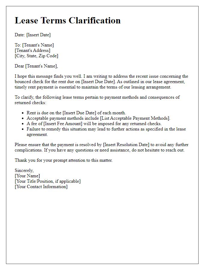 Letter template of lease terms clarification after bounced check