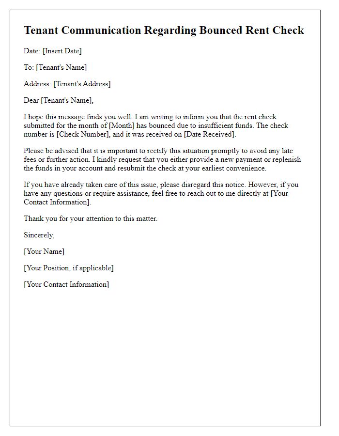 Letter template of tenant communication regarding bounced rent check