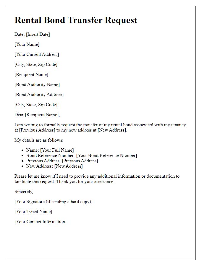 Letter template of rental bond transfer request for change of address.