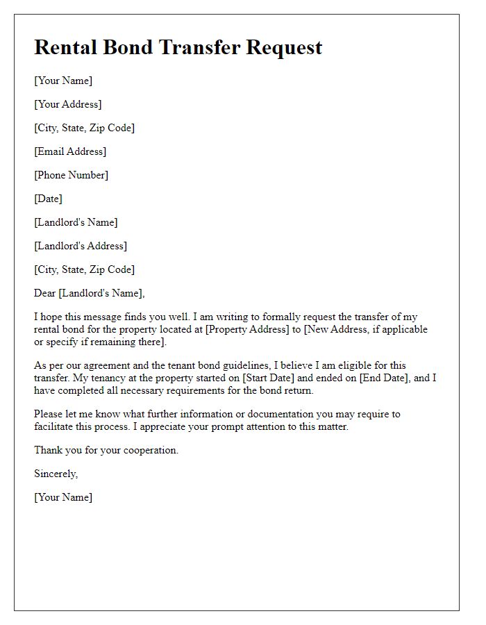 Letter template of rental bond transfer request to landlord.