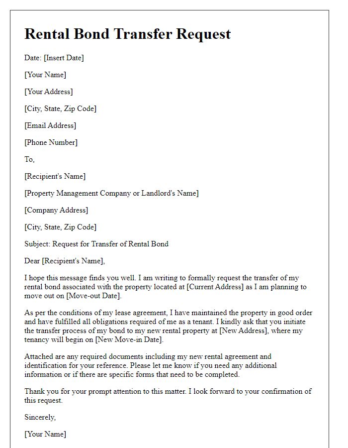 Letter template of rental bond transfer request for moving conditions.