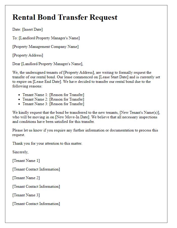 Letter template of rental bond transfer request for multiple tenants.