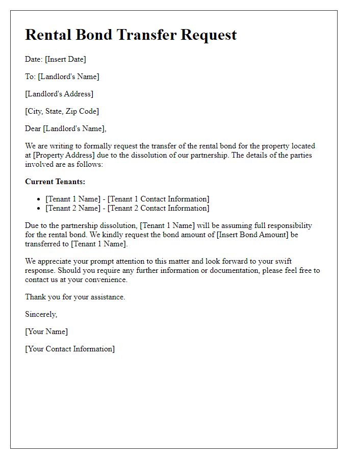 Letter template of rental bond transfer request for partnership dissolution.