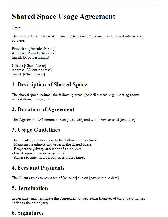 Letter template of shared space usage agreement for co-working environments.