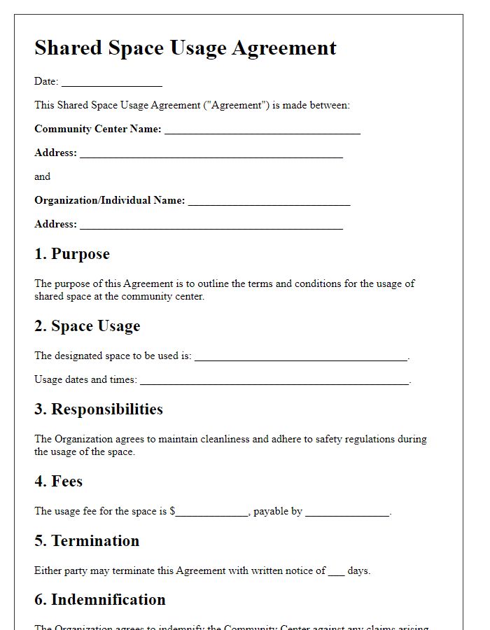 Letter template of shared space usage agreement for community centers.