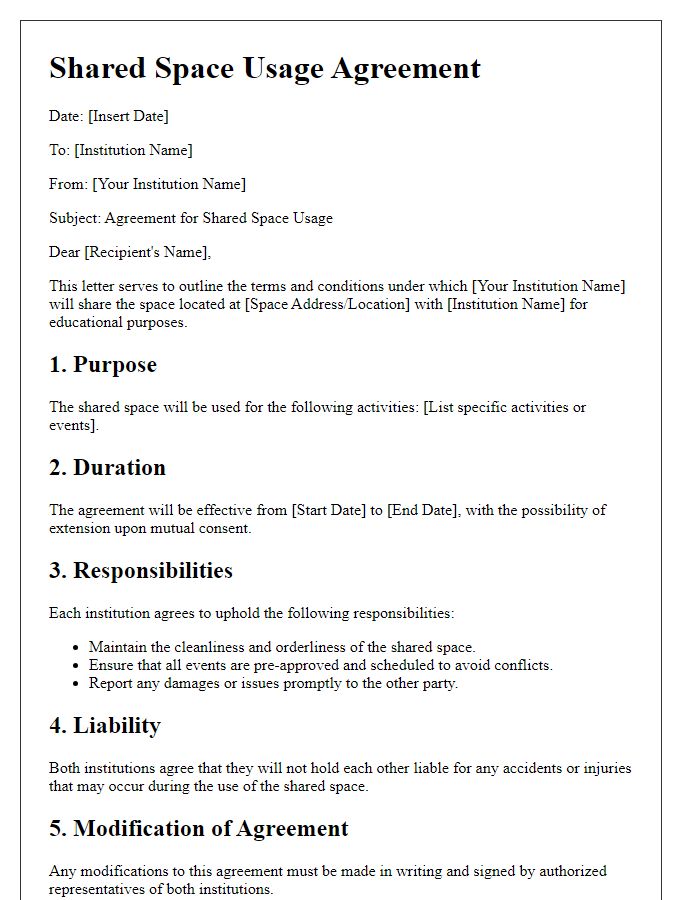 Letter template of shared space usage agreement for educational institutions.