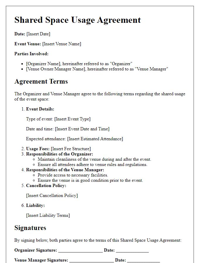 Letter template of shared space usage agreement for event venues.