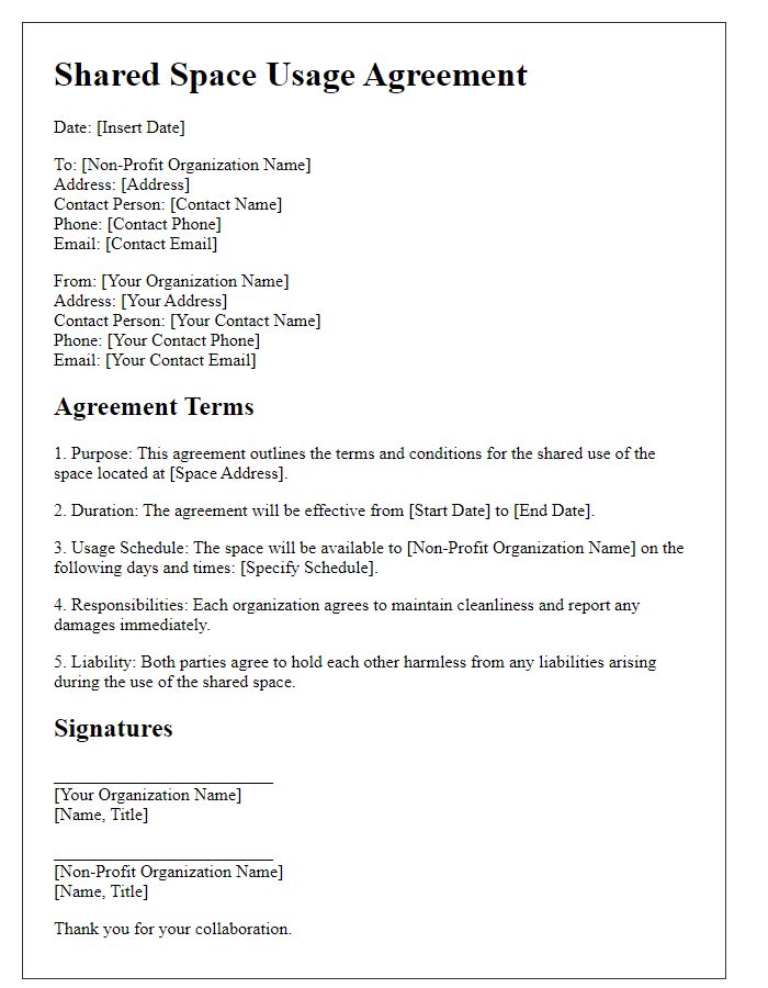 Letter template of shared space usage agreement for non-profit organizations.