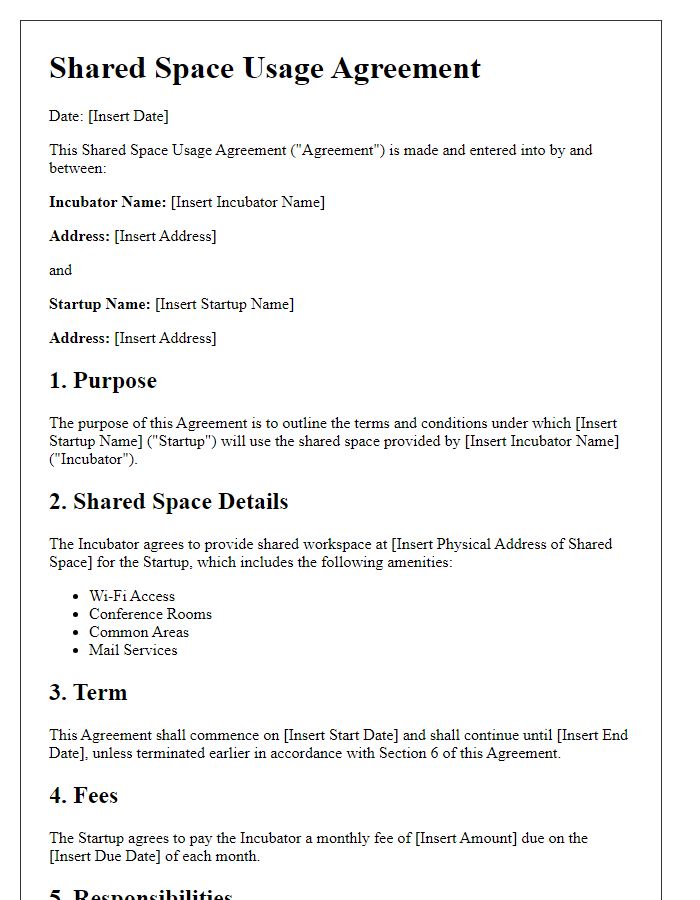 Letter template of shared space usage agreement for startup incubators.