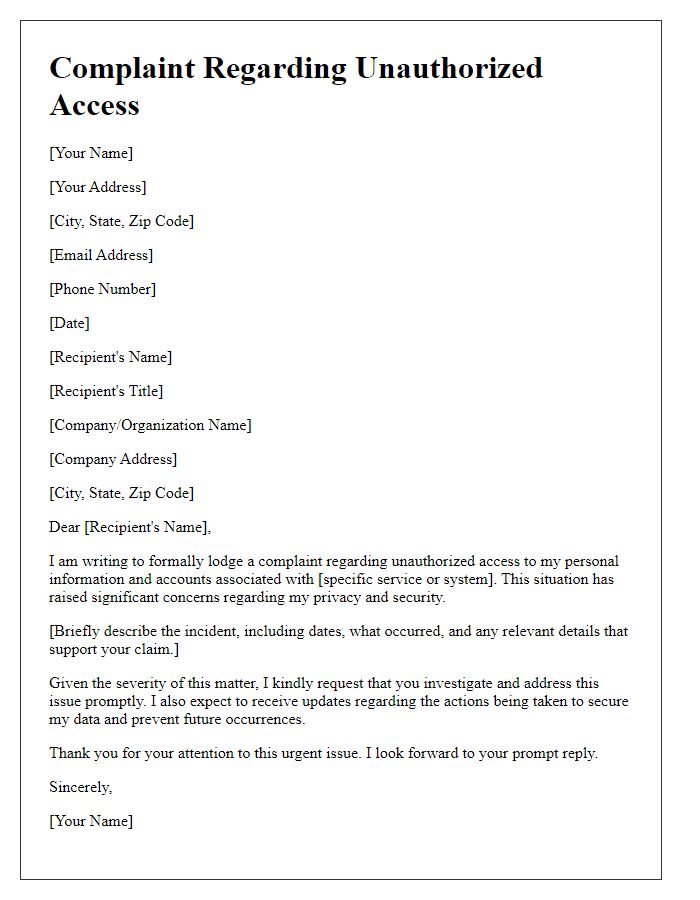 Letter template of complaint addressing unauthorized access issues