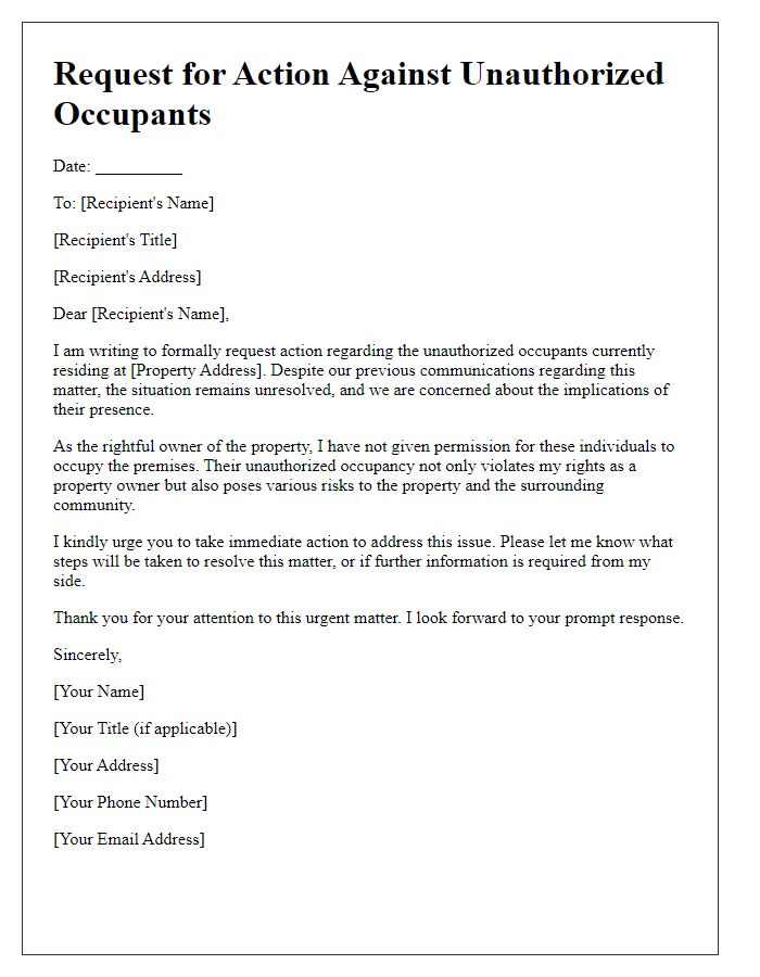 Letter template of request for action against unauthorized occupants