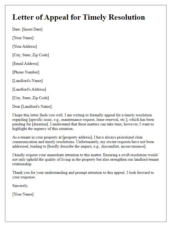 Letter template of appeal for timely resolution from the landlord.