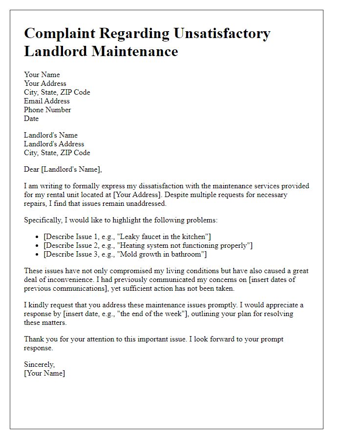 Letter template of complaint regarding unsatisfactory landlord maintenance.