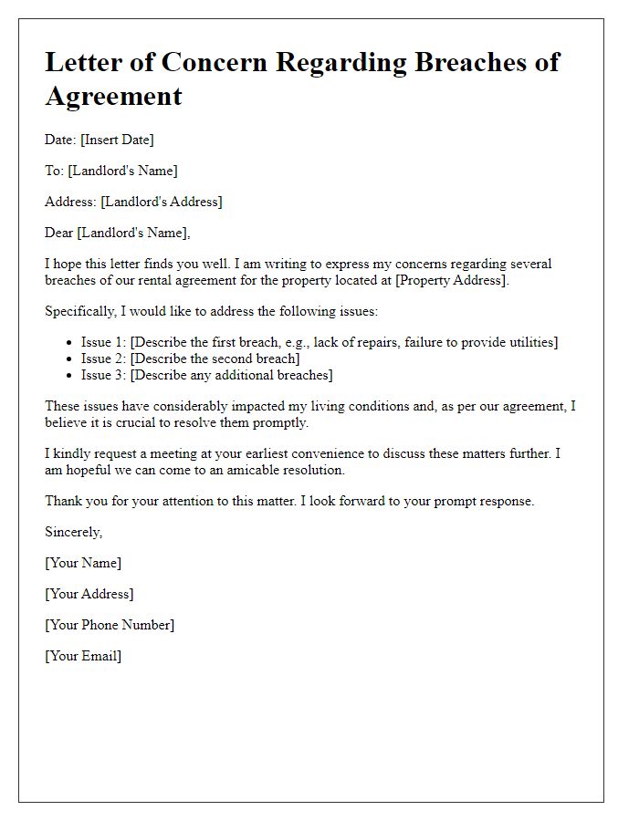 Letter template of concern about landlord breaches of agreement.