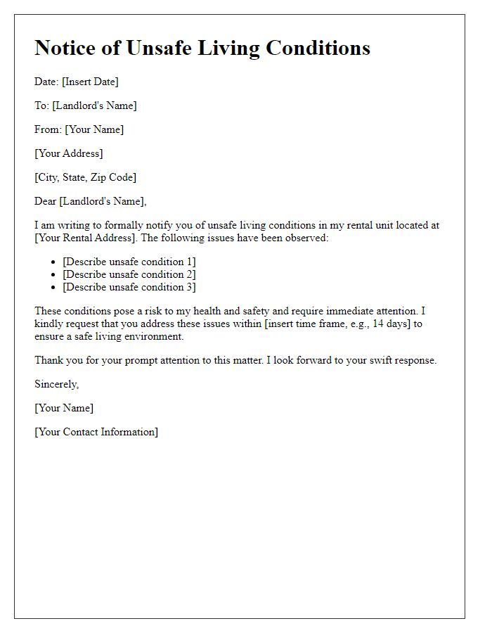 Letter template of notification regarding unsafe living conditions by the landlord.