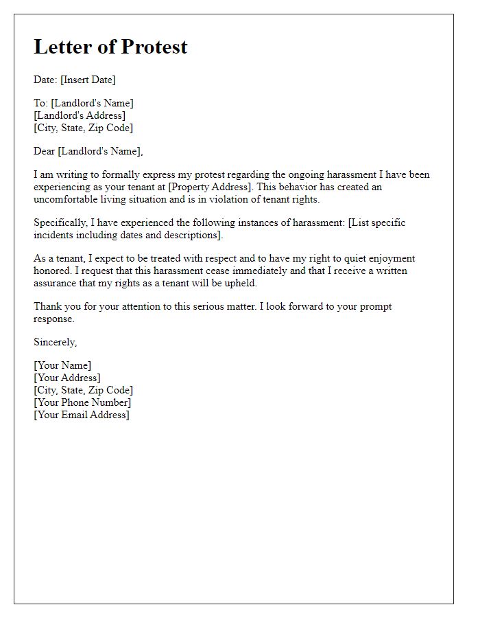 Letter template of protest against landlord's harassment.