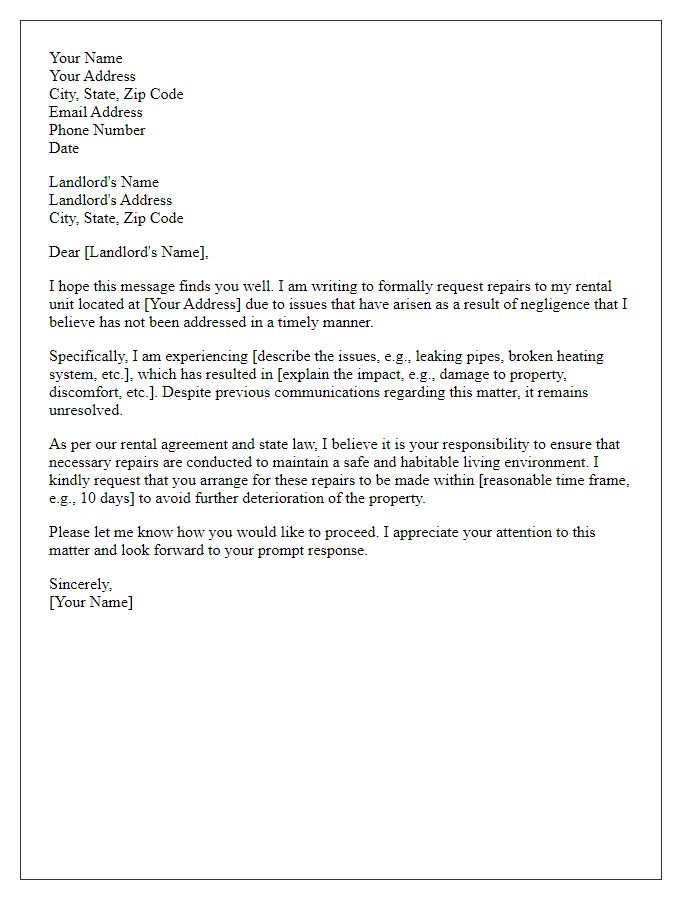 Letter template of request for repair after landlord negligence.