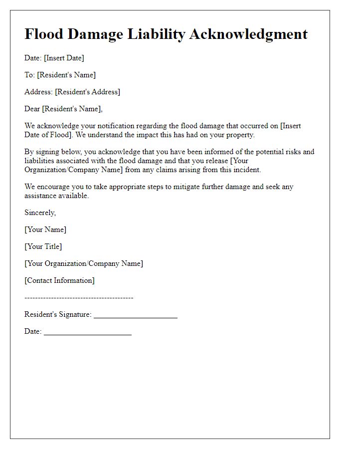 Letter template of flood damage liability acknowledgment for affected residents.