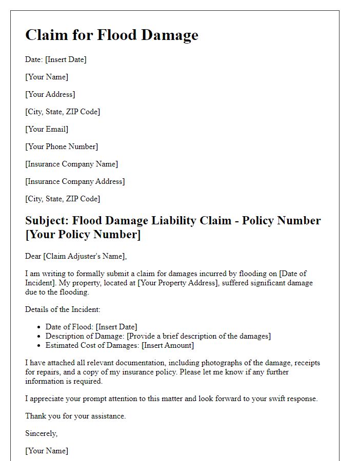 Letter template of flood damage liability claim to insurance company.