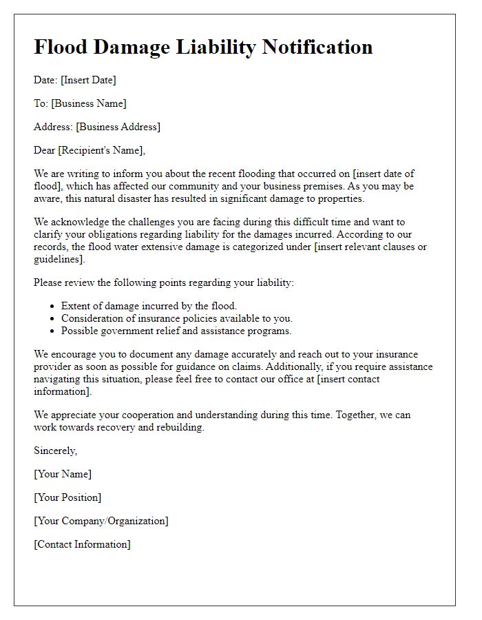 Letter template of flood damage liability communication to affected businesses.