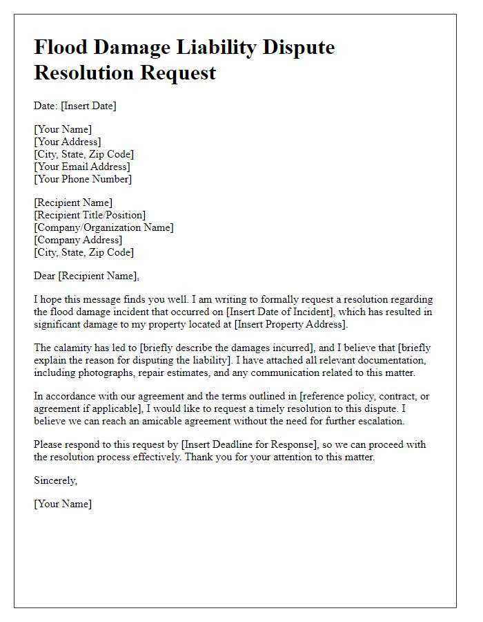 Letter template of flood damage liability dispute resolution request.