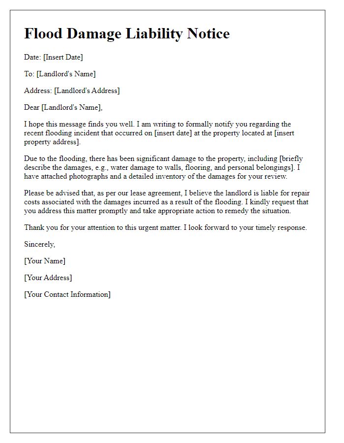 Letter template of flood damage liability notice to landlord.